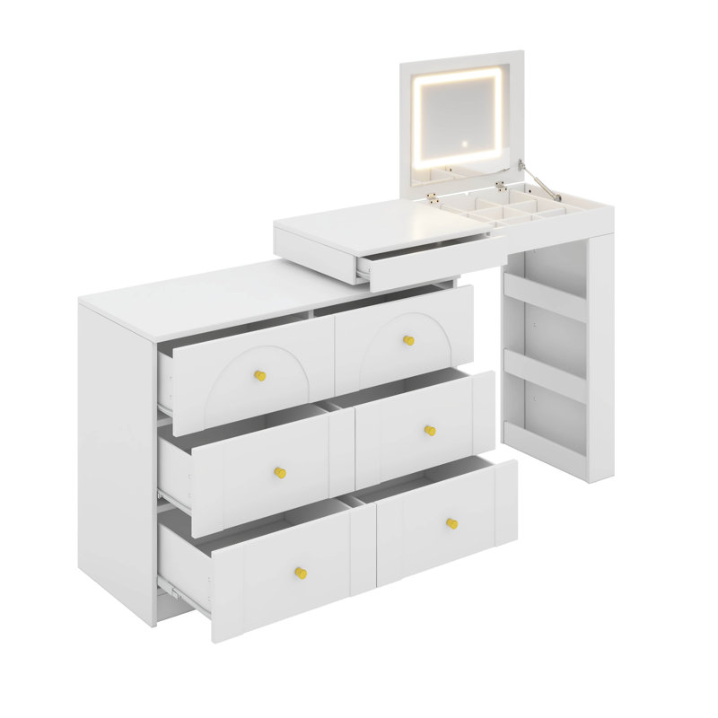 Bureau de coiffeuse avec miroir et lumières DEL, table de maquillage en L convertible avec plateau rabattable, Blanc