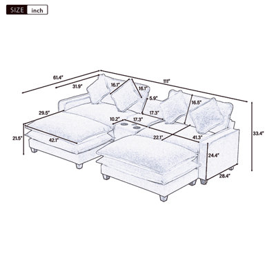 Canapé d'angle de 111 pouces avec poufs amovibles, ports USB, porte-gobelets et grand espace de rangement pour un confort et une commodité ultimes.