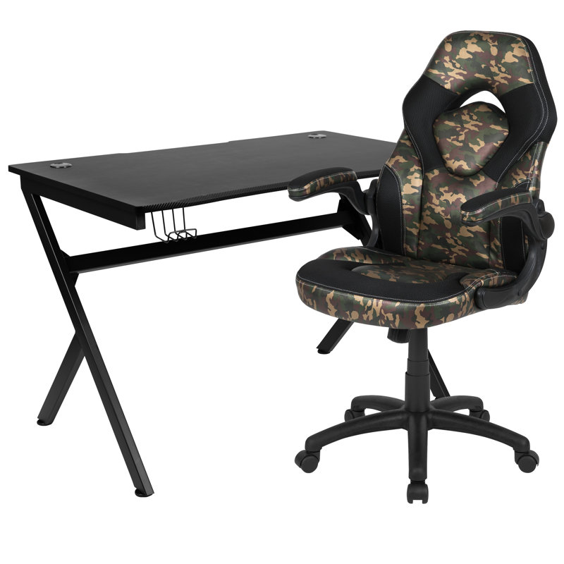 Bridesdale Gaming Desk And Racing Chair Set With Cup Holder, Headphone Hook & 2 Wire Management Holes, Camouflage