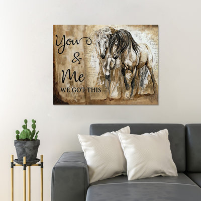 Paire de chevaux en noir et brun - "You and Me We Got This" - 1 pièce, impression d'art graphique rectangulaire sur toile tendue