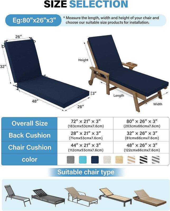 80" Outdoor Chaise Lounge Cushion Olefin Fabric Waterproof Fade-Resistant, Navy