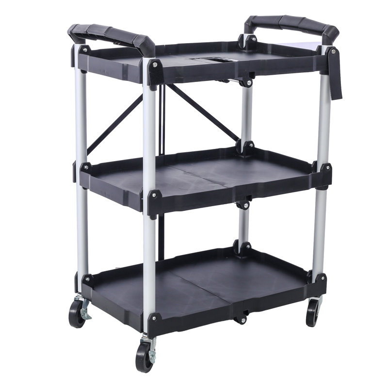 Collapsible 3-Tier Service Cart with Folding Design - Black and Silver Iron Frame