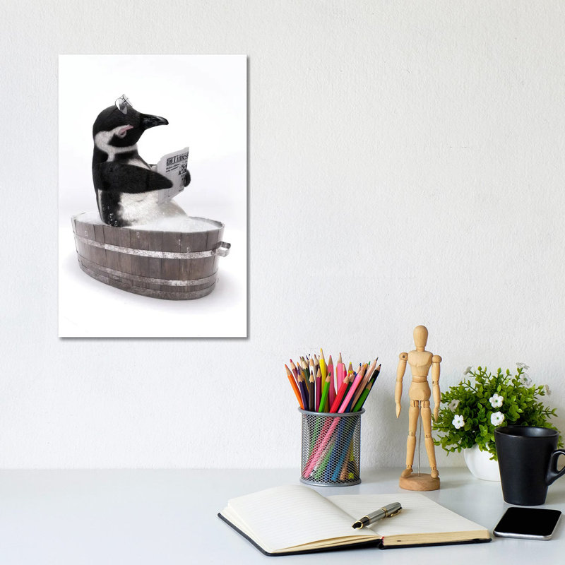 Penguin In A Wooden Bathtub by Jauffrey Philippe - Gallery-Wrapped Canvas Giclée on Canvas, No Frame, 20.32 cm H x 30.48 cm W