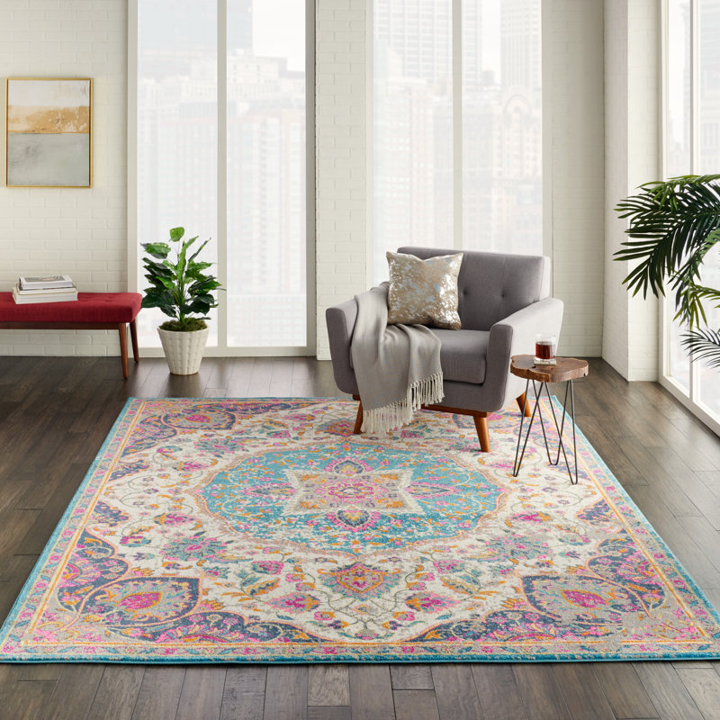 Tapis oriental ivoire / rose / bleu Verda, Rectangle 3 pi 9 po x 5 pi 9 po
