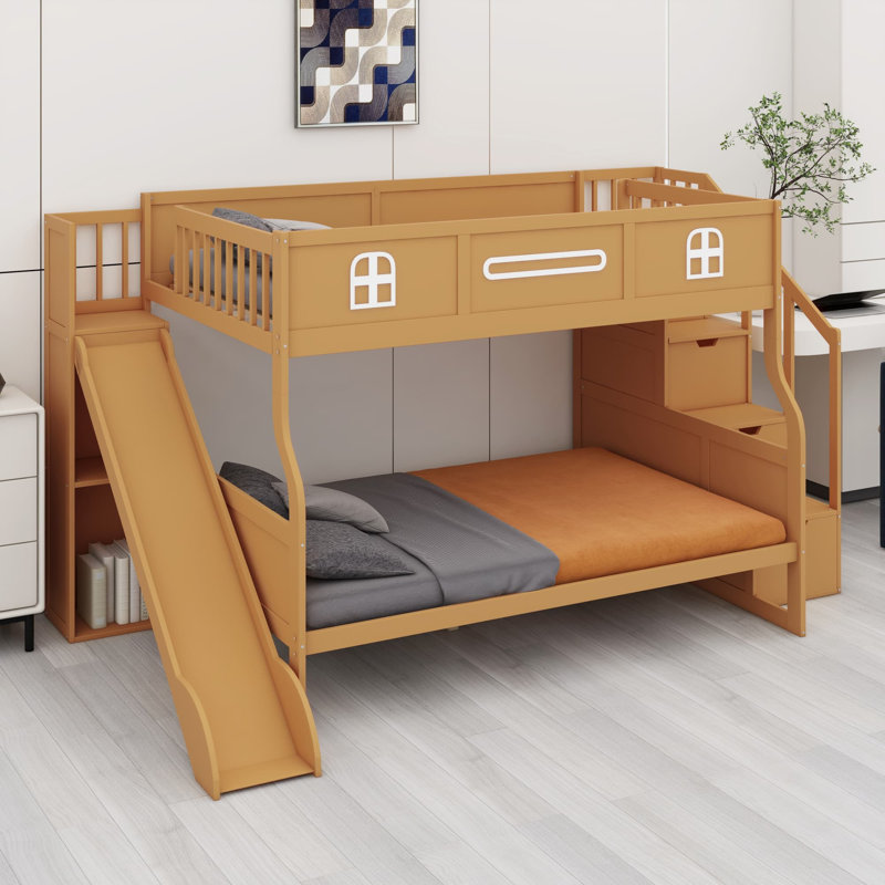 Lit superposé avec glissade et escalier de rangement pour ranger les jouets et encourager le jeu, Naturel