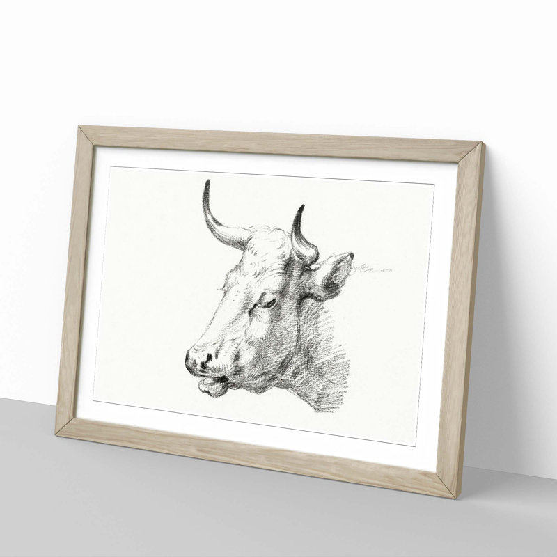 Head of a Cow by Jean Bernard - Picture Frame Drawing Print, Oak Framed, 36cm H x 48cm W x 2cm D