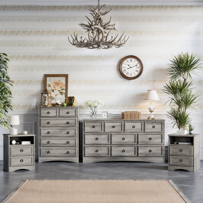 4 Pieces Modern Farmhouse Bedroom Set Include 10 Drawer Dresser, 6 Drawer Tall Chest And 2 Nightstands, Gray
