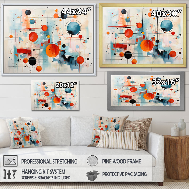 Abstrait coloré Mid Mid Century Atomic II abstrait, H 16 po x l 32 po x P 1 po, Cadre simple noir
