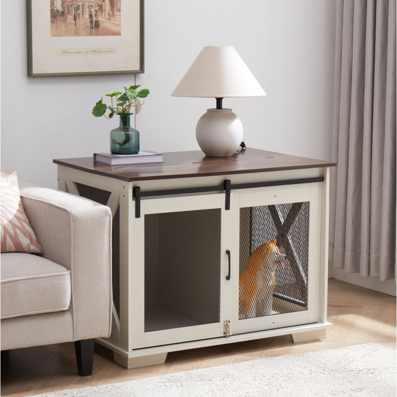 Cage à chien blanche avec porte de grange coulissante et cloison amovible pour le confort des animaux de compagnie, Blanc