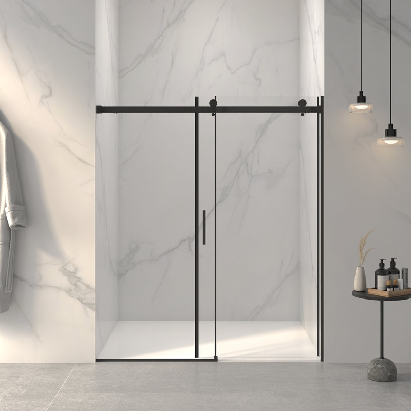 Porte de douche coulissante sans cadre l 56 à 60 po x H 72 po, verre trempé clair de 5/16 po (8 mm) de large épaisseur, couche facile à nettoyer à double face, fini noir mat avec tampon