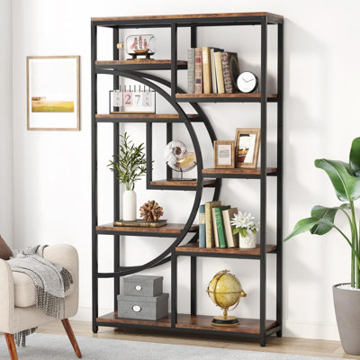 Industrial Half-Moon Geometric Open Etagere Bookcase with Black Metal Frame & Rustic Brown Wood Boards, 9-Tier Freestanding Display Storage Bookshelf for Living Room Bedroom Home Office