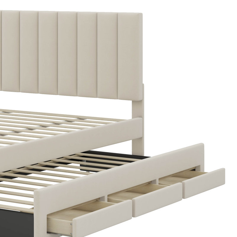 Lit plateforme double en bois avec lit gigogne et 3 tiroirs, Beige