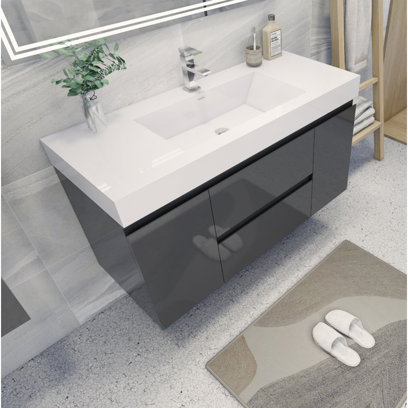 Carol-Ann 47.5 " W Wall Mounted Wall Mounted 1 Single Vanity Bathroom Vanity With Top, High Gloss Gray