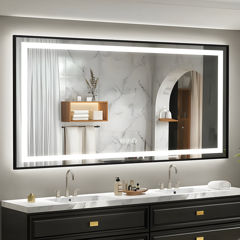 Adorna UL Certified Dimmable Framed LED Bathroom Mirror with 3-Color Lighting, Anti-Fog, 72" x 32"