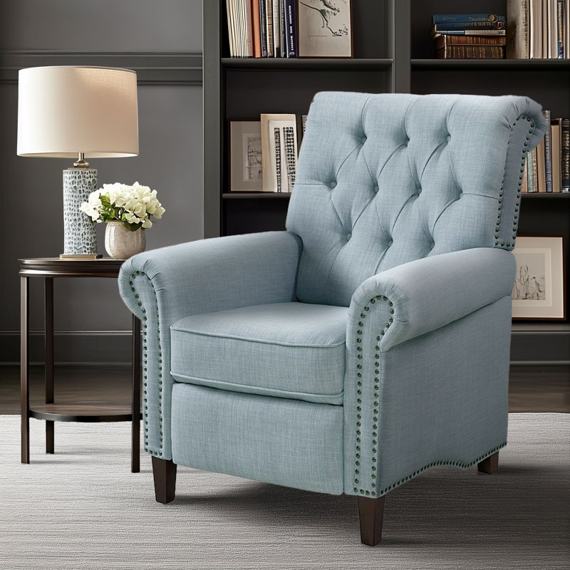 Bridin 32.25"W Upholstered Manual Push Back Recliner Chair with Nailheads, Light Blue, Light Blue Basketweave