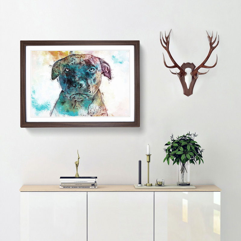 A Staffordshire Bull Terrier Dog in Abstract - Picture Frame Painting Print, 27cm H x 36cm W x 2cm D, Walnut Framed