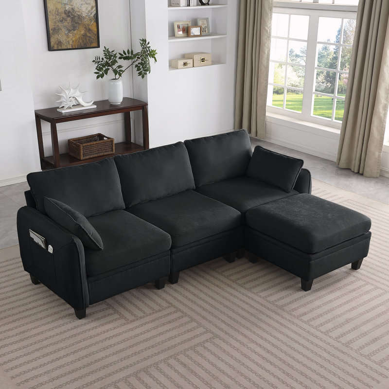 Canapé en L avec repose-pieds en L, Noir