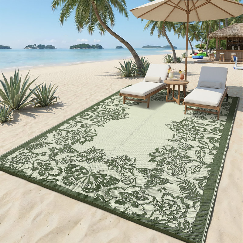 Waterproof Outdoor Rug with Plastic Border - Reversible Deck Mat, UV Resistant, Stain Resistant, Easy to Clean Camping Carpet for Backyard