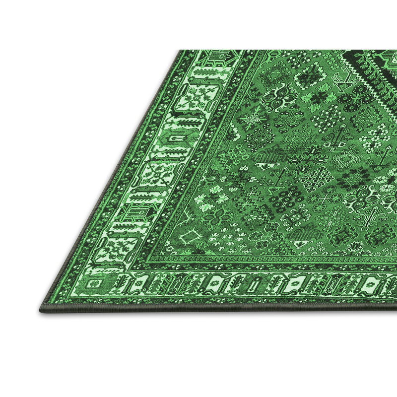 Tapis oriental en laine / polyester tissé à la machine en vert / noir, Rectangle 5 pi x 7 pi