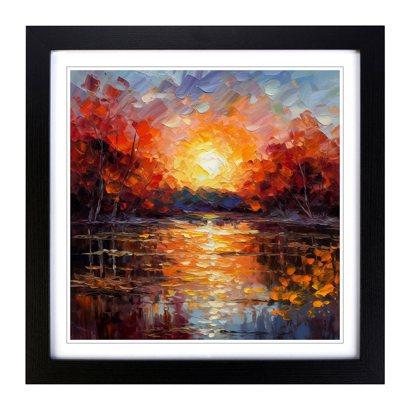 Sunset Palette Knife Painting - Single Picture Frame Print on Wood, Black