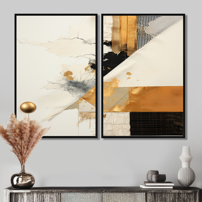 Collage abstrait gris et doré VI - Collages abstraits, 2 pièces, Noir, H 36 po x l 48 po, Impression encadrée flottante
