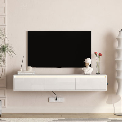 Floating TV Stand With LED Lights, Power Outlets, And High Gloss Finish For Modern Living Rooms