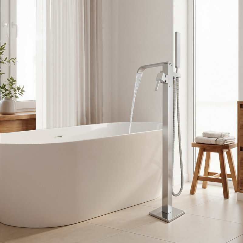 Robinet de baignoire autoportant, robinet de baignoire autoportant à haut débit avec bec cascade et douche à main, robinet de baignoire pivotant à 360 °, corps en laiton