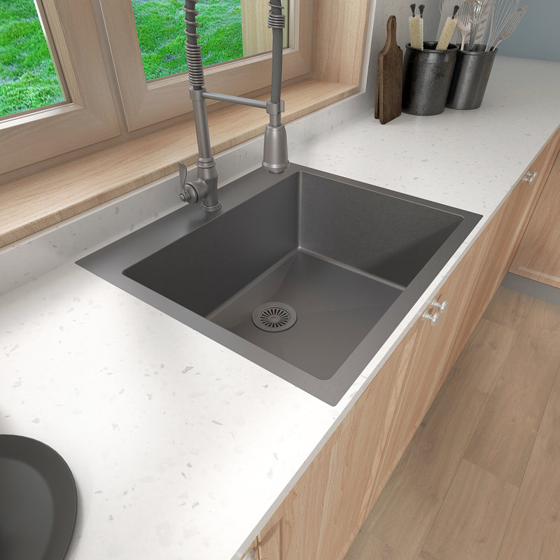 Sinber 25" x 22" Drop In Single Bowl Kitchen Sink with 18 Gauge 304 Stainless Steel Black Finish