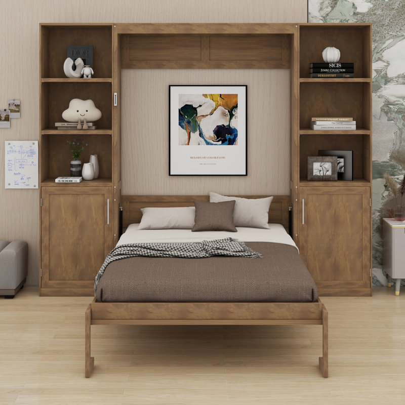 Élégant lit escamotable en bois avec tablettes et armoires polyvalentes