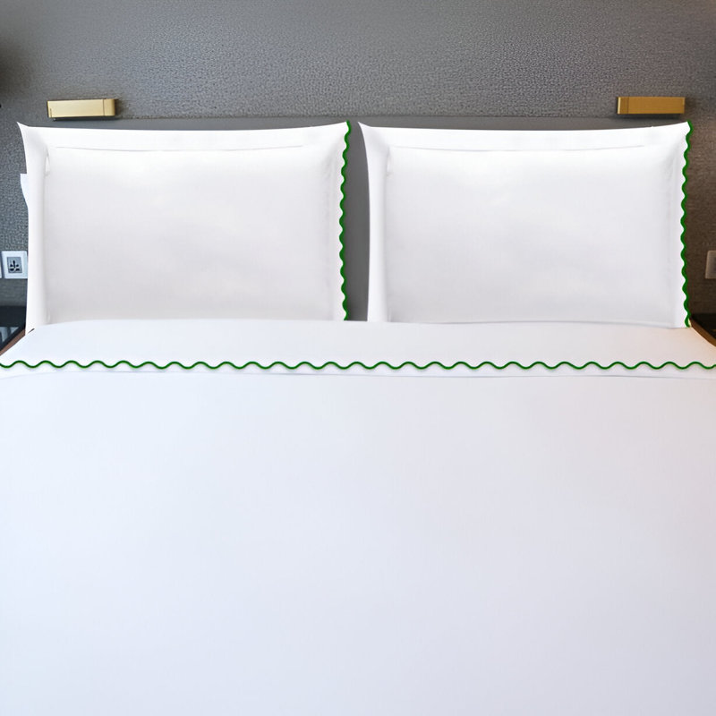400TC Cotton Small Scallop Embroidery Cotton 4 Piece Sheet Set Fitted Sheet Fits Upto 16" Deep Pocket, Green