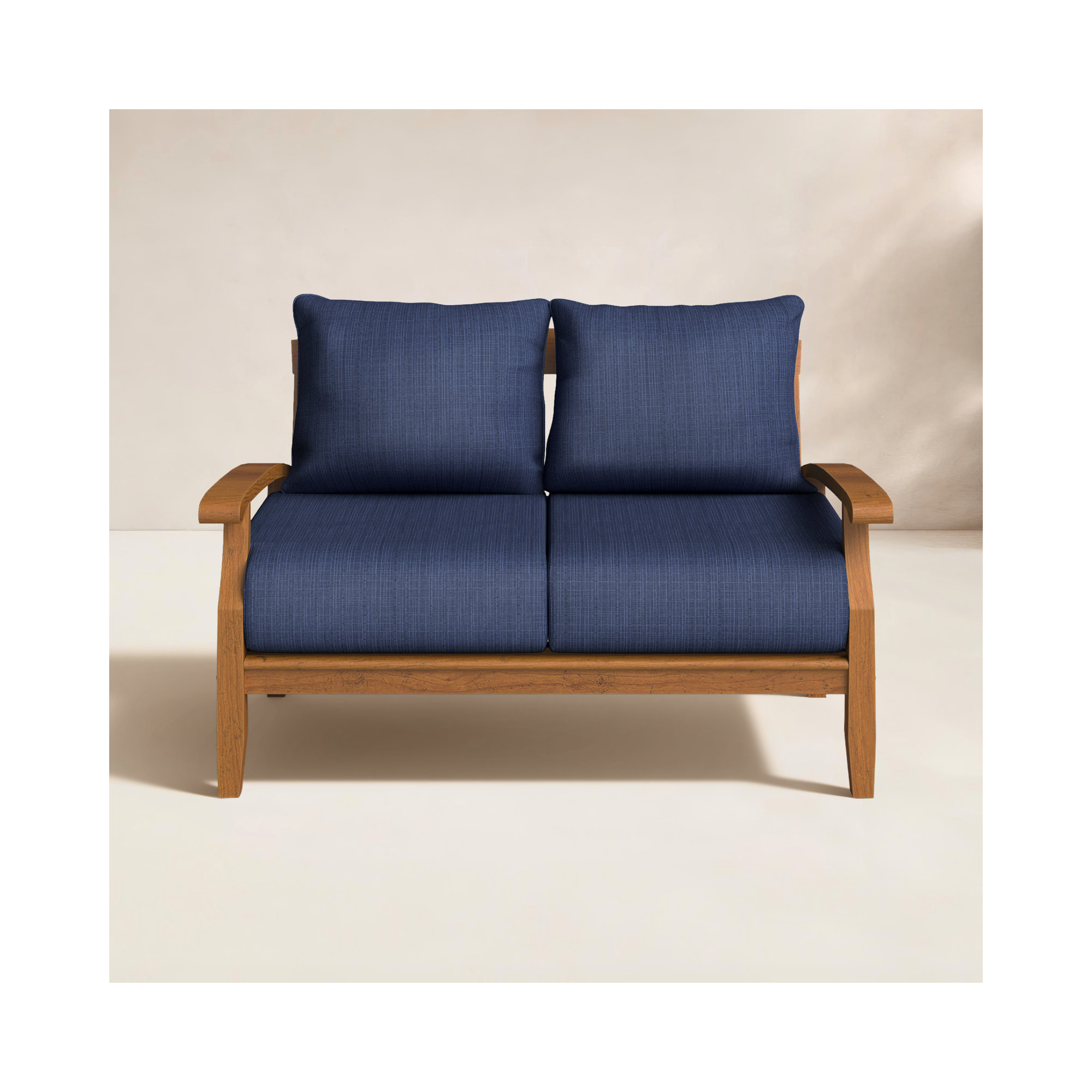 Summerton 54.25'' Wide Rectangle Teak Loveseat with Cushions, Navy Performance Olefin, Natural