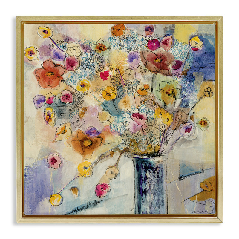 Dessin de fleurs chaotiques, H 18 po x l 18 po, Cadre flottant métallique doré