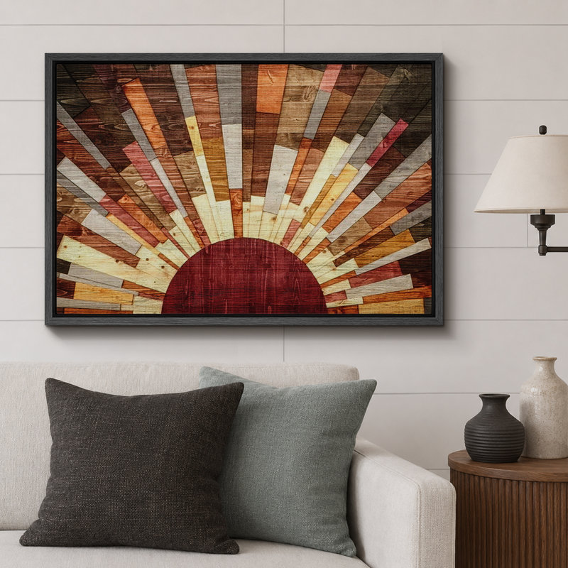 «Western Wood Effect Landscape Brown Sun Rays», impression rustique sur toile encadrée, H 24 po x l 36 po, Noir