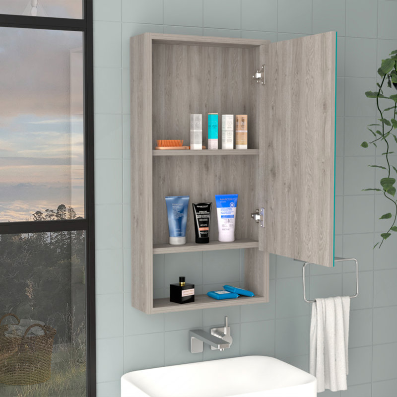 Medicine Single Door Cabinet 35" H, Two Interior Shelves, One External Shelf, Light Grey, Grey