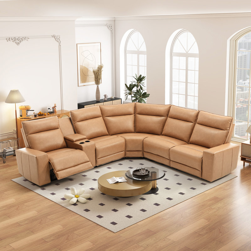 Idrissi Modern Top Faux Leather Electric Reclining Home Theater Sectional Sofa with Console & USB & Fold-Down Backrest