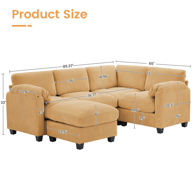 5 - Piece Reversible Modular Corner Sectional With Ottoman, Yellow Corduroy