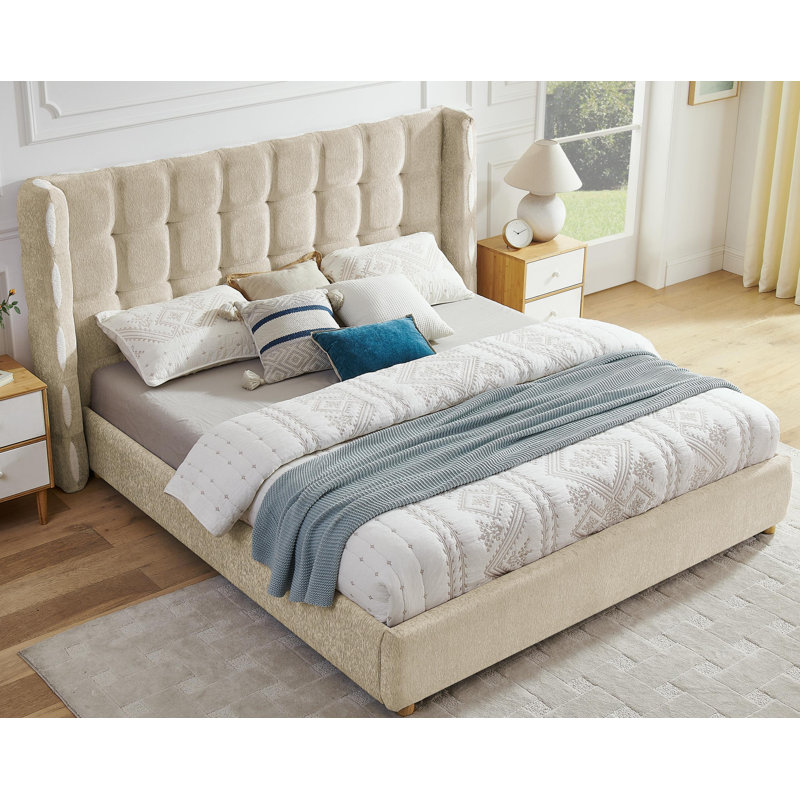 Lit plateforme de luxe avec vérin à gaz et grand rangement sous le lit, très grand lit gaufré à oreilles en chenille