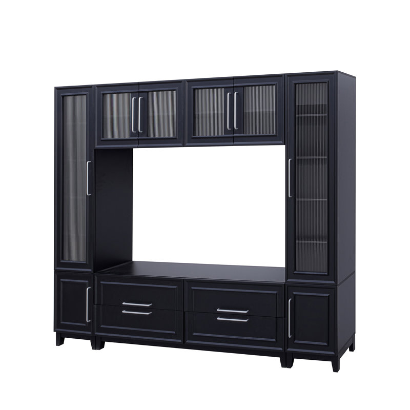 VIBE HAUS 102" W Wall Unit Modern Entertainment Center With Glass Doors For Tvs Up To 75", Black