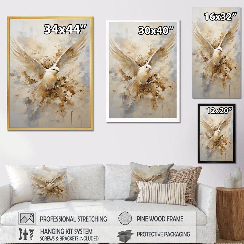 Minimalisme beige et colombe dorée I - art mural colombe, H 40 po x l 30 po x P 1,5 po, Cadre flottant noir