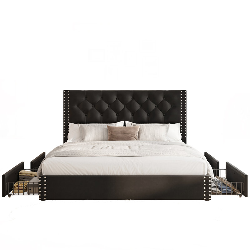 Lit plateforme tapissier avec rangement Kevyon, Gris, Lit double
