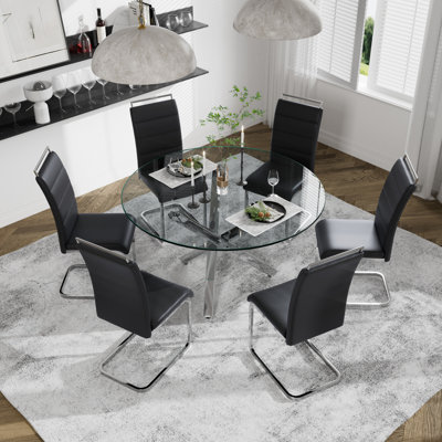 Ensemble de salle à manger 7 pièces, table de salle à manger ronde avec verre trempé et 6 chaises rembourrées