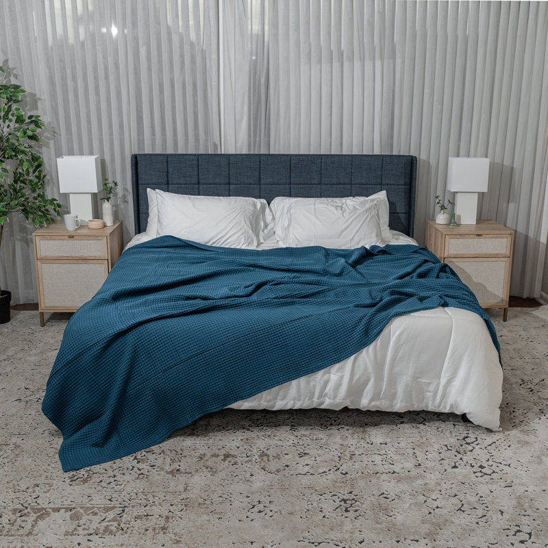 Comfy Cubs 100% Cotton Waffle Weave Throw Blanket Breathable Skin-Friendly Soft Lightweight, Textured Blanket, Neptune, Queen