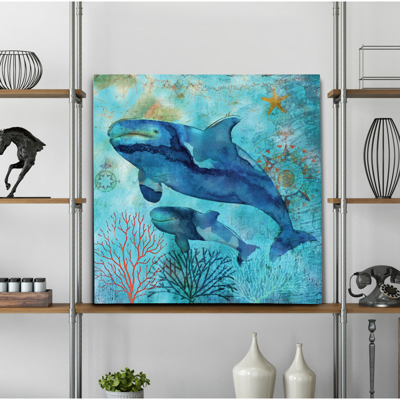 « deep sea baleines », peinture, H 16 po x l 16 po x P 1,5 po, Toile tendue