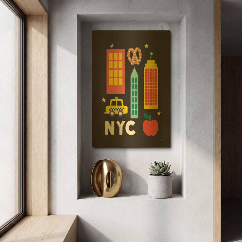 «City Fun NYC» par Ann Kelle, art mural en métal doré, 12 po x 16 po, 12 po x 16 po