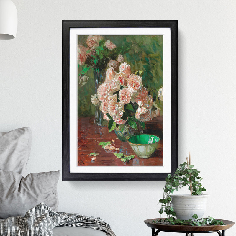 White Roses by Carl Moll - Picture Frame Painting, 48cm H x 36cm W x 2cm D, Black Framed