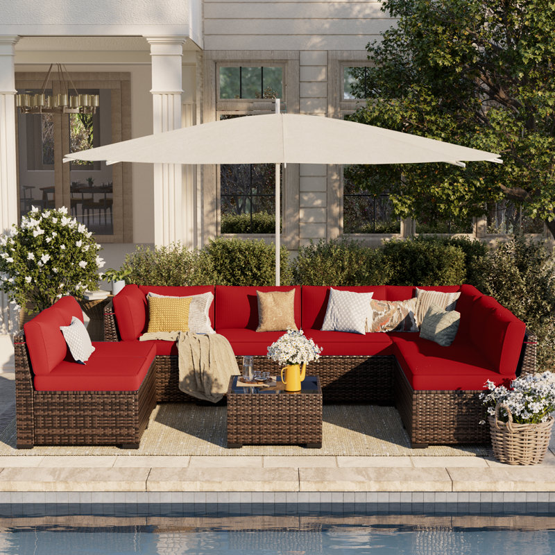 Avamay Rattan Sectional Seating Group with Cushions, Burgundy Performance Microfiber, No