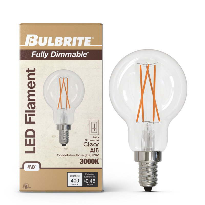 Ampoule A15 4 W à intensité variable avec finition en verre transparent et base candélabre (E12), 3000