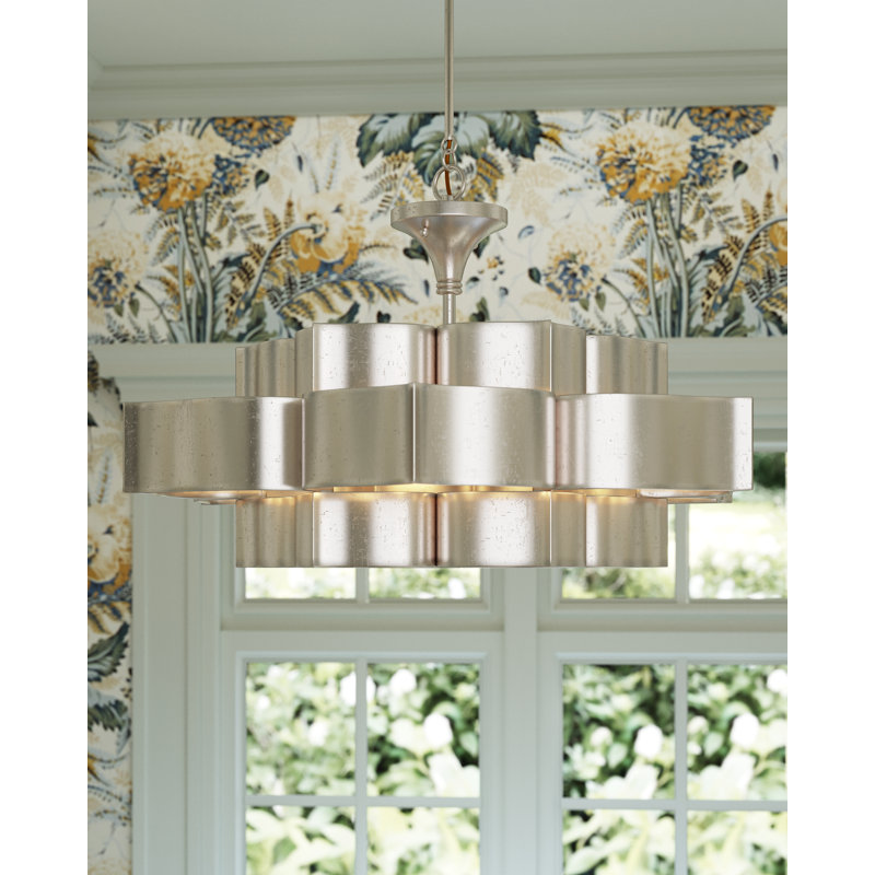 Lustre à niveaux unique à 6 lumières Grand Lotus, Feuille d'argent contemporaine