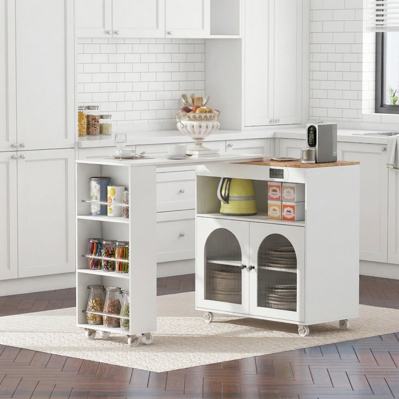 Îlot de cuisine sur roulettes avec table extensible, lumières DEL, prises de courant, 2 portes en verre cannelé, compartiment de rangement, 3 tablettes ouvertes, blanc