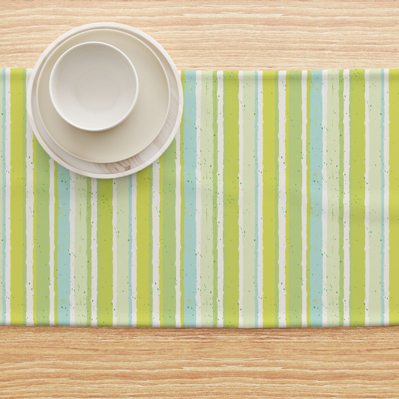 Table Runner, 100% Cotton, 16X108", Green Stripes & Ink Splatter, 90" L x 16" W